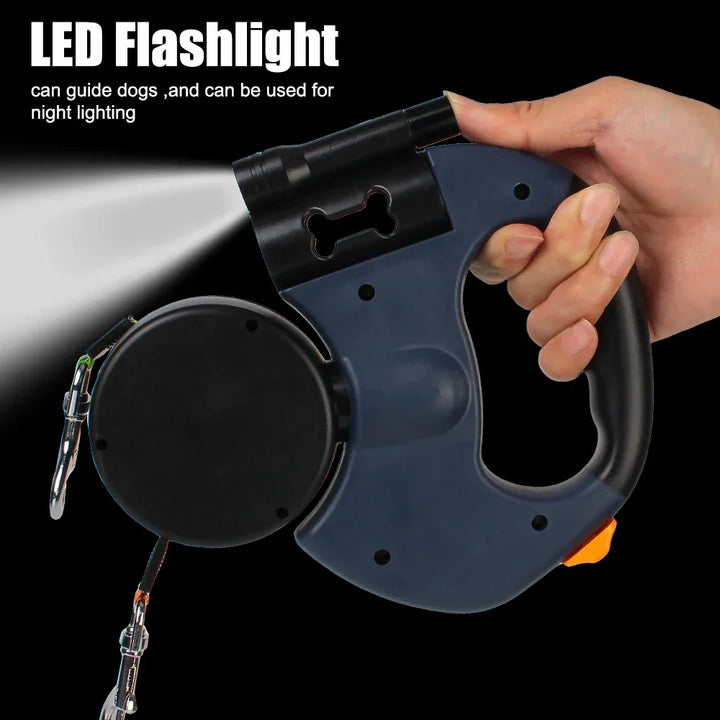Dual Dog Leash 3m Retractable with Flashlight &amp; Waste Bag Box, Auto-Extend Traction Rope