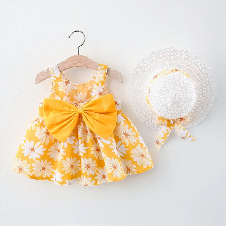 Soft baby girls dress - sleeveless, floral bow-embellished, cotton-polyester blend, for summer outings