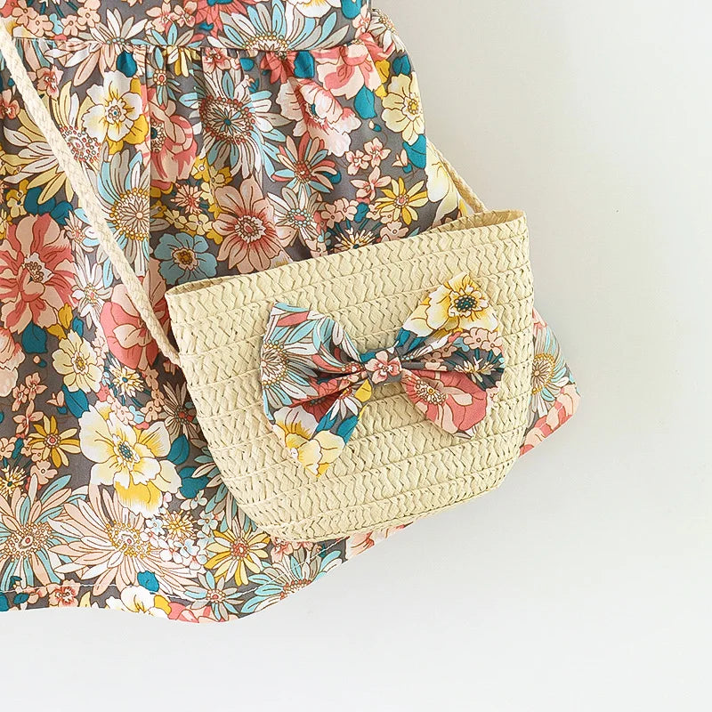 Soft Baby Girl Dress - Classic Floral Flutter Sleeves, Polyester, With Crossbody Bag, For Ages 0-3