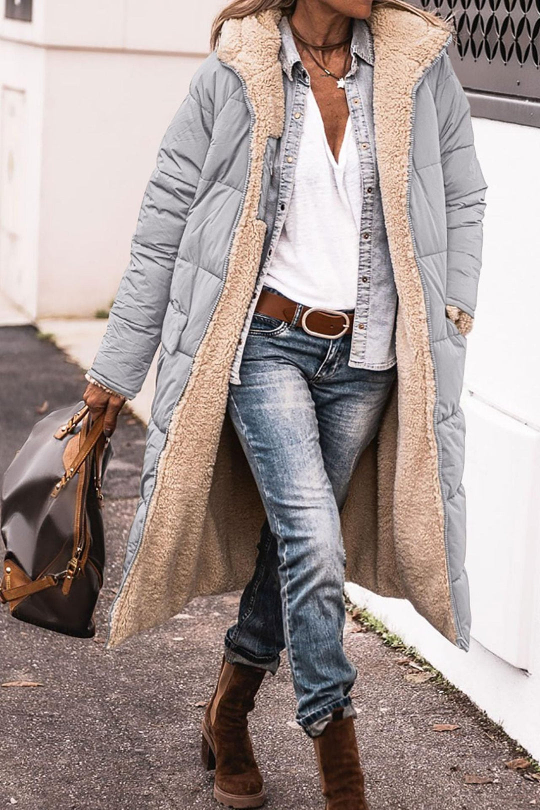 Warm Women’s Reversible Long Coat - Quilted Sherpa Hooded