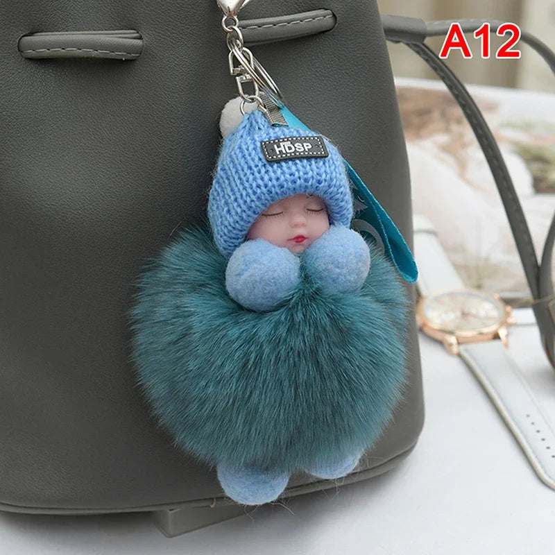 Pompom Sleeping Baby Keychain Plush Bag Charm Cute Gift