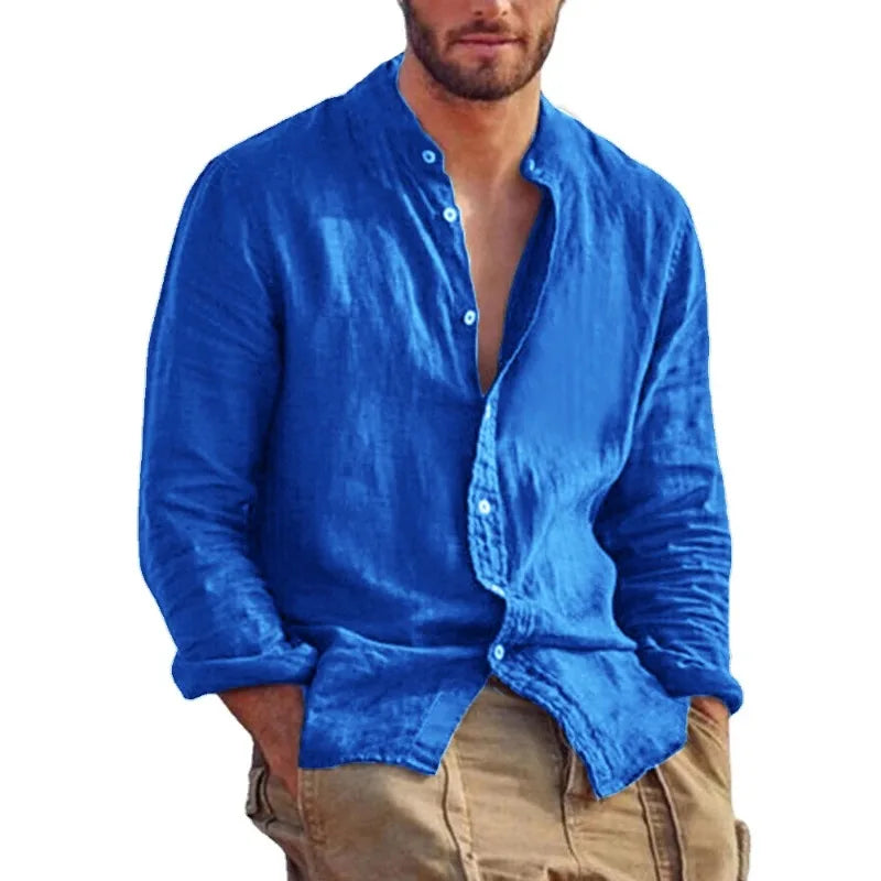 Men’s Cotton Shirt with Mandarin Collar, Lightweight Breathable Casual Summer Shirt in Tailored Fit