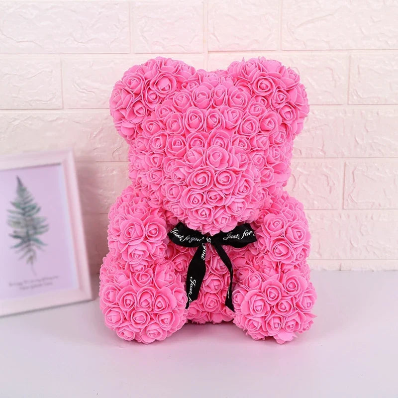 Faux Rose Teddy Bear with Gift Box and Lights - Romantic Anniversary or Valentine&