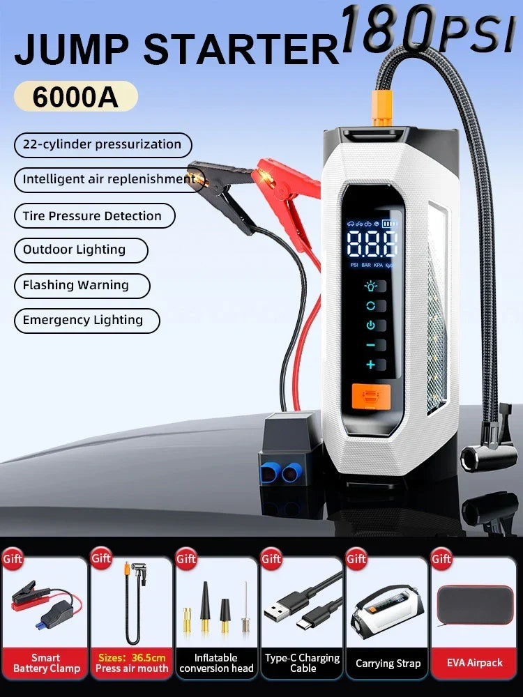 Car Jump Starter Portable Power Bank 12V With Air Compressor 6000A Peak Emergency Start 180 PSI Fall 2025