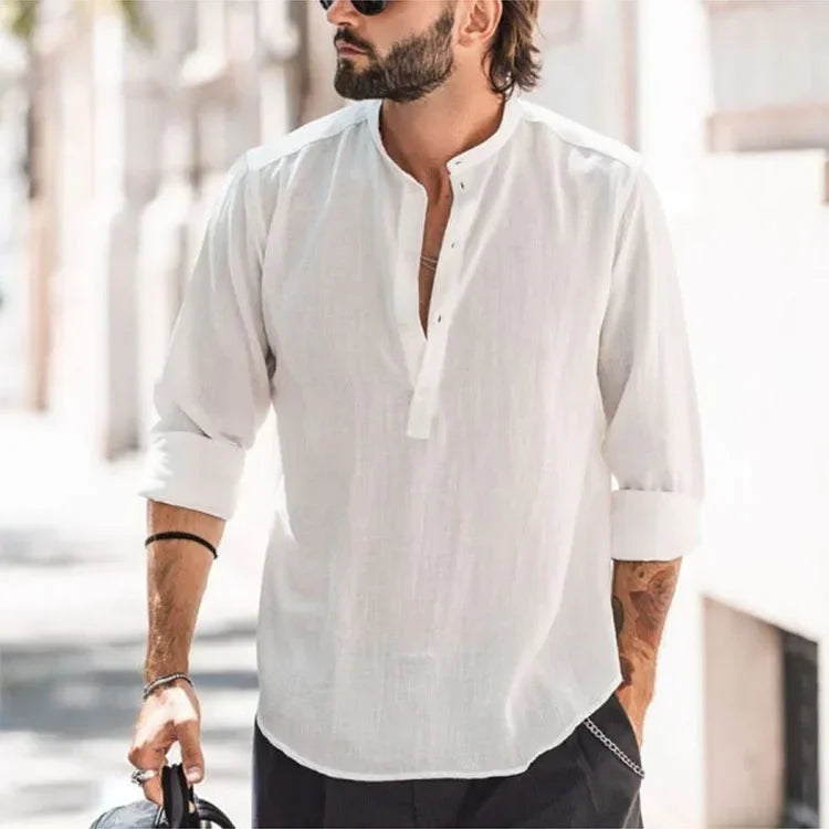 Casual Cotton Linen Shirt - Loose Tops, Long Sleeve, Henry Collar, Solid Blouse