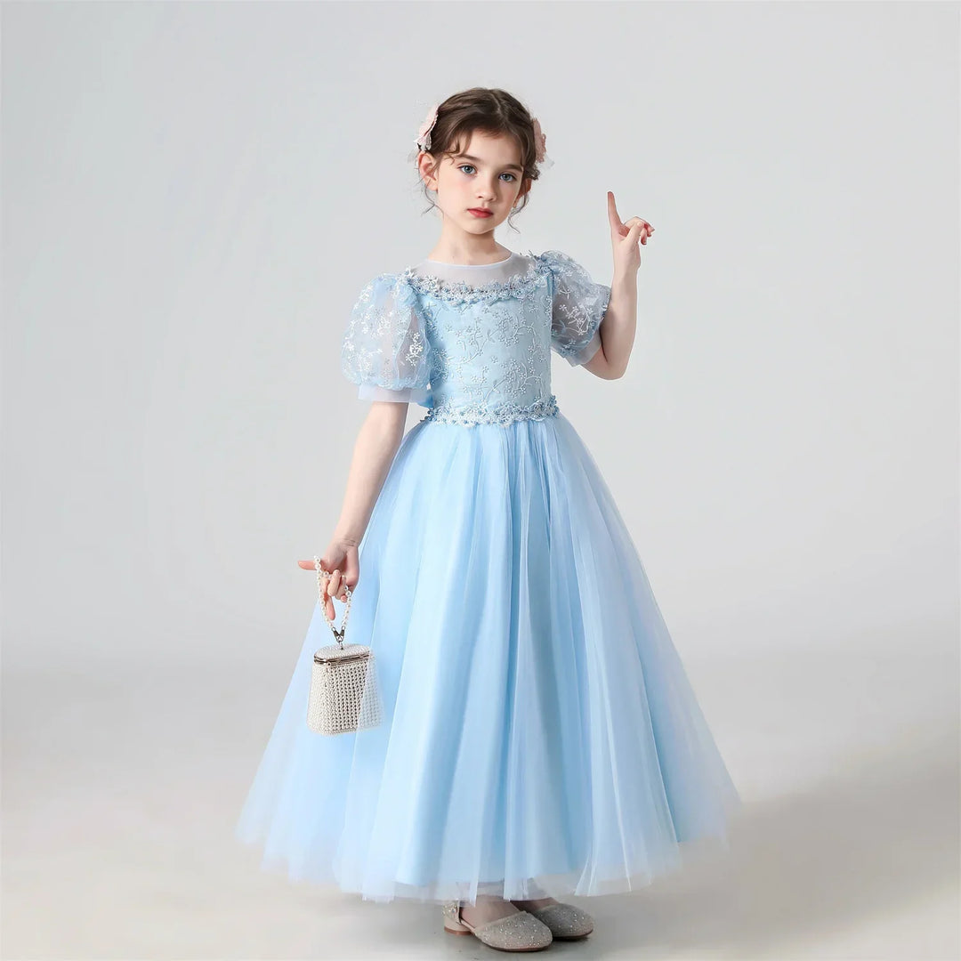 Soft Girls’ Lace-Embroidered Princess Dress - Puff Sleeve, Polyester, For Weddings and Parties