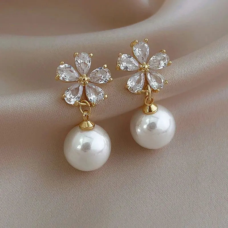 Crystal Flower Earrings Pearl Drop Gold Tone – Korean Style Party Jewelry, Fall 2026 Gift Idea