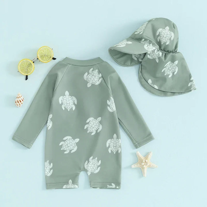 Lightweight Toddler Boys Rash Guard Swimsuit - Long Sleeve, Turtle Print, Polyester, Beachwear