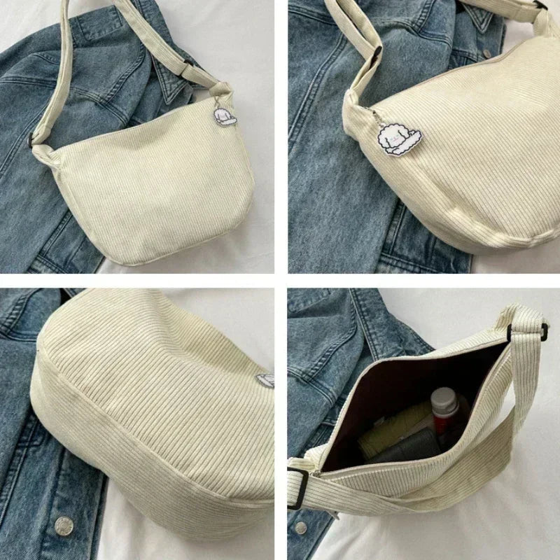 Corduroy Crossbody Bag Large Capacity Beige Shoulder Bag Fall 2026 Everyday Use