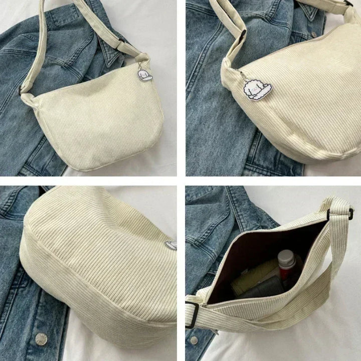 Corduroy Crossbody Bag Large Capacity Beige Shoulder Bag Fall 2026 Everyday Use