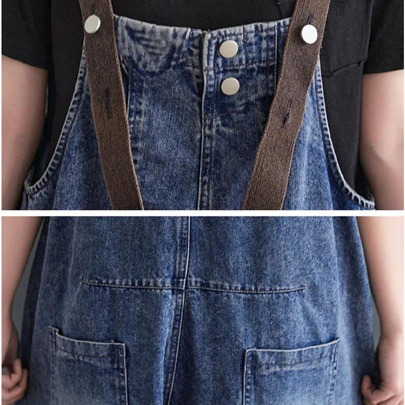 Vintage Big Pocket Suspender Jeans Trousers - Women&