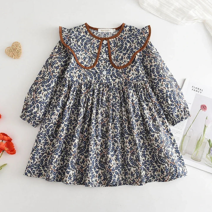 Soft Girls Dress – Long Sleeve Knee-Length, Floral Print, Cotton, Casual Autumn Wear