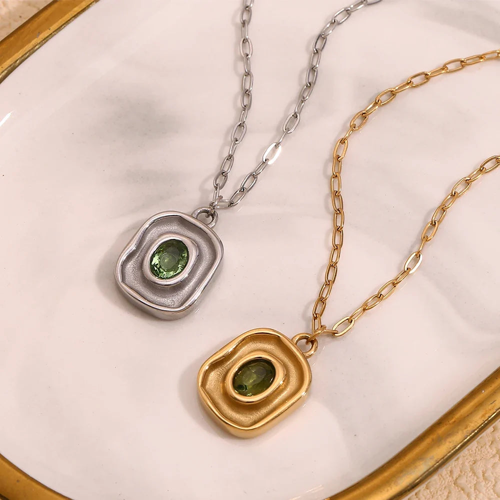 Necklace Green Zircon - Stainless Steel Paperclip Chain, 18K Gold Plated, Hypoallergenic Waterproof Jewelry Fall 2026 Gift