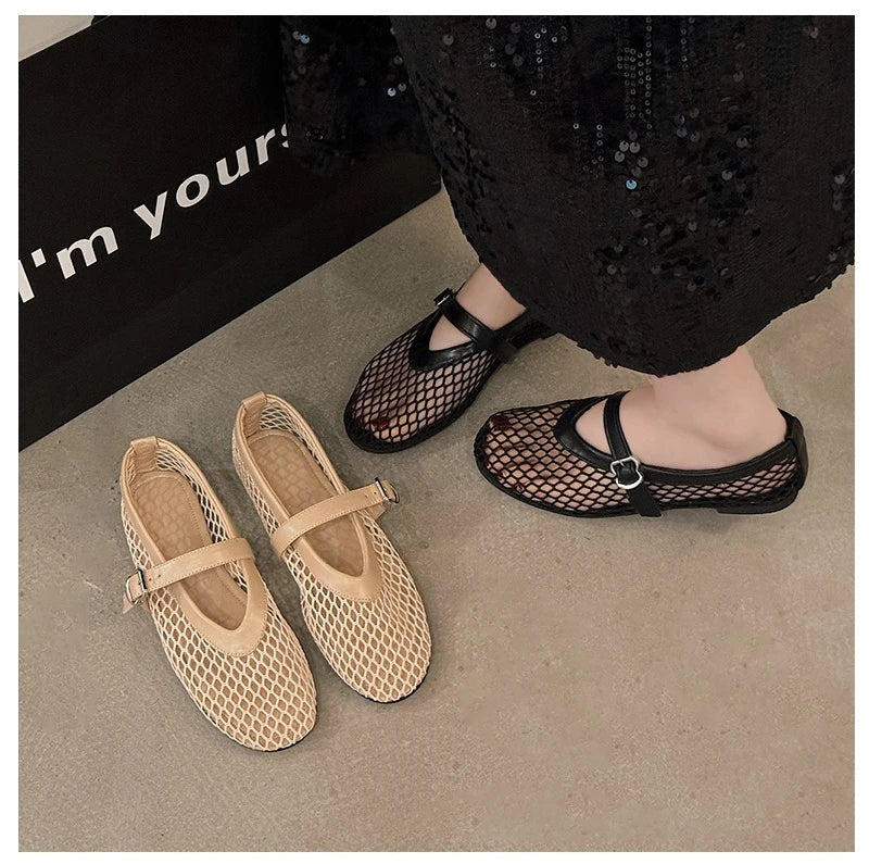 Breathable Women Mesh Ballet Flats - Strappy Round Toe