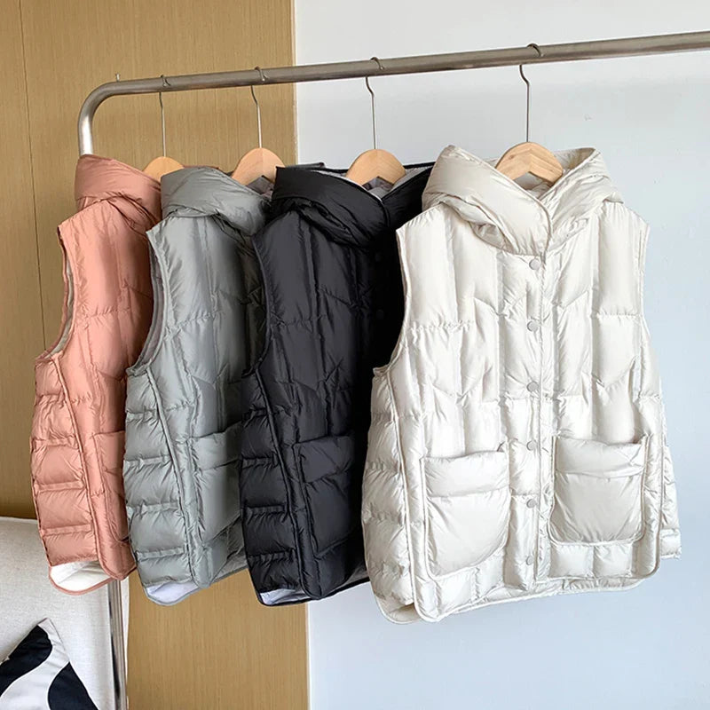 Lightweight Women’s Hooded Down Vest - Quilted Midlength
