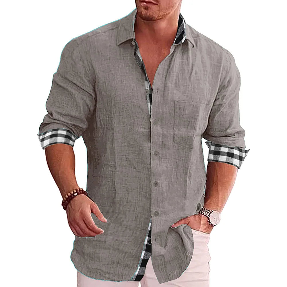 Cotton Linen Plaid Blouse Shirt - Long Sleeve Office Workwear Tops