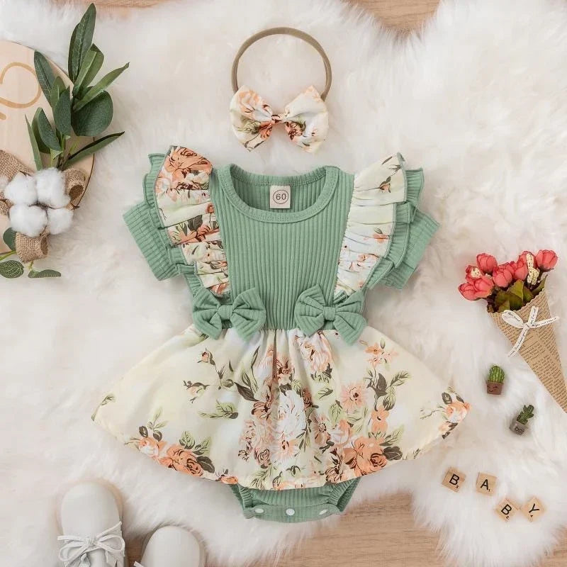 Soft baby girl dress - floral print, bowknot accents, cotton-elastane, summer wear