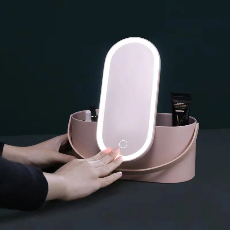 Makeup Organizer Box with LED Light Mirror - Portable Travel Makeup Case for Cosmetics Storage