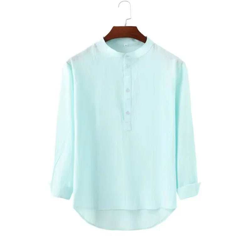 Casual Cotton Linen Shirt - Loose Tops, Long Sleeve, Henry Collar, Solid Blouse