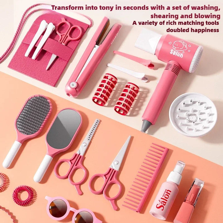 Kids Hair Salon Set Pink Pretend Play Styling Kit With Hair Dryer And Accessories Fall 2025 Gift