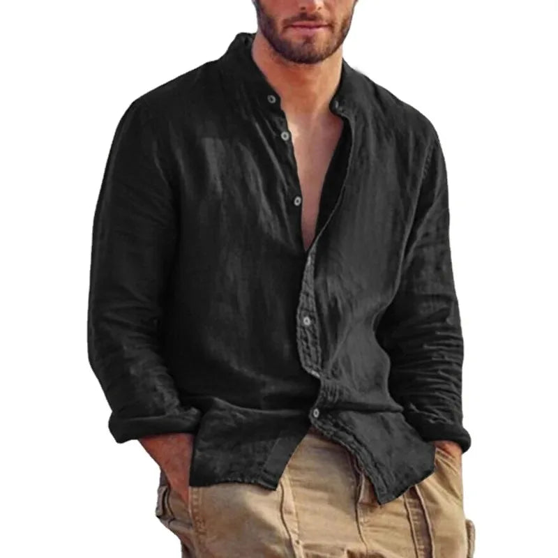 Men’s Cotton Shirt with Mandarin Collar, Lightweight Breathable Casual Summer Shirt in Tailored Fit