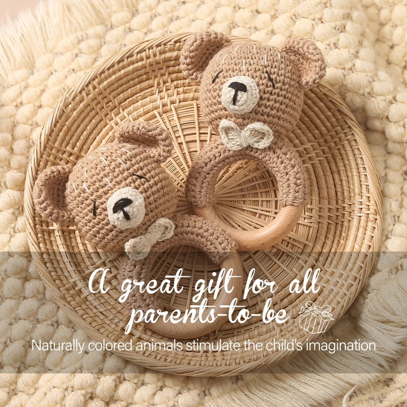 Crochet Bear Teether Rattle Ring Newborn Sensory Toys