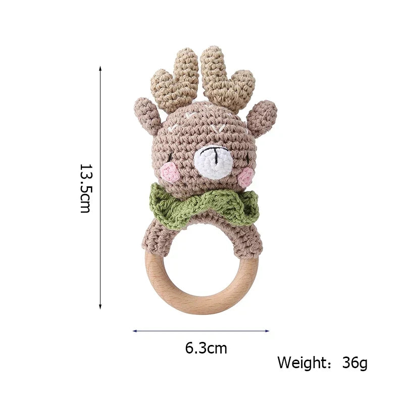 Wooden Crochet Animal Teether Rattle Newborn Sensory Toys