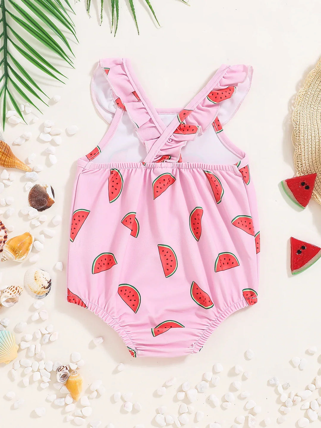 Soft Durable Baby Girls’ Swimsuit – Halter-Neck Watermelon-Print, Polyester, For Summer Beach Days