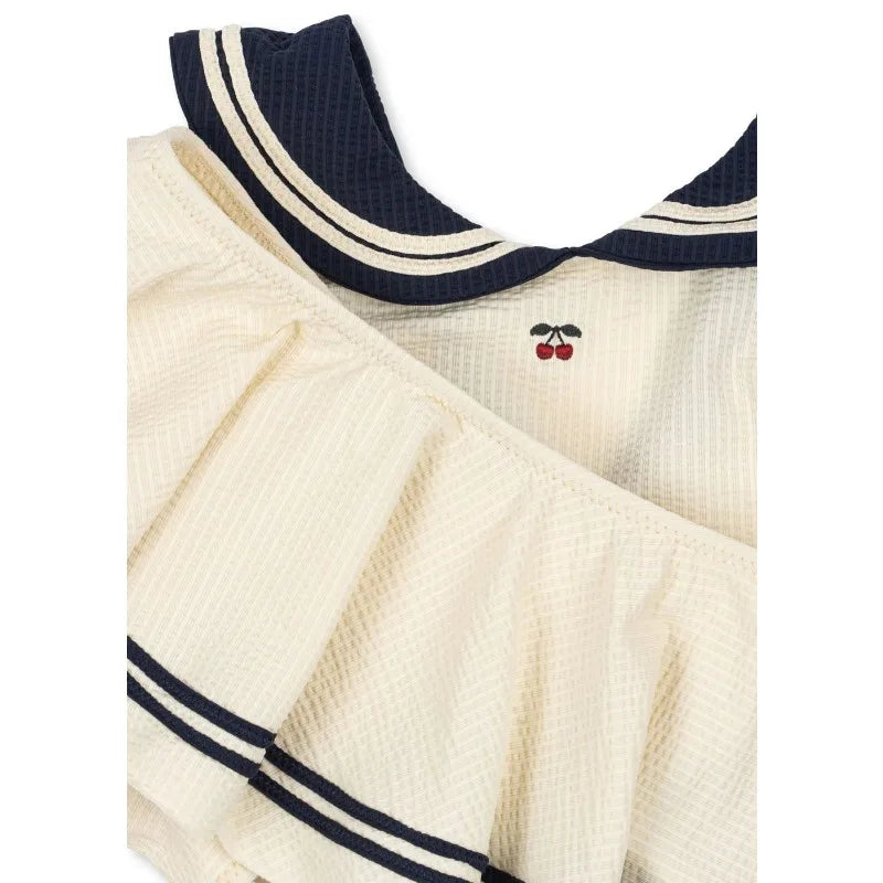 Soft Unisex Baby Swimwear Set - Classic Sailor-Style One-Piece, Top, Skirt, and Romper, Nylon, Summer Beach Days
