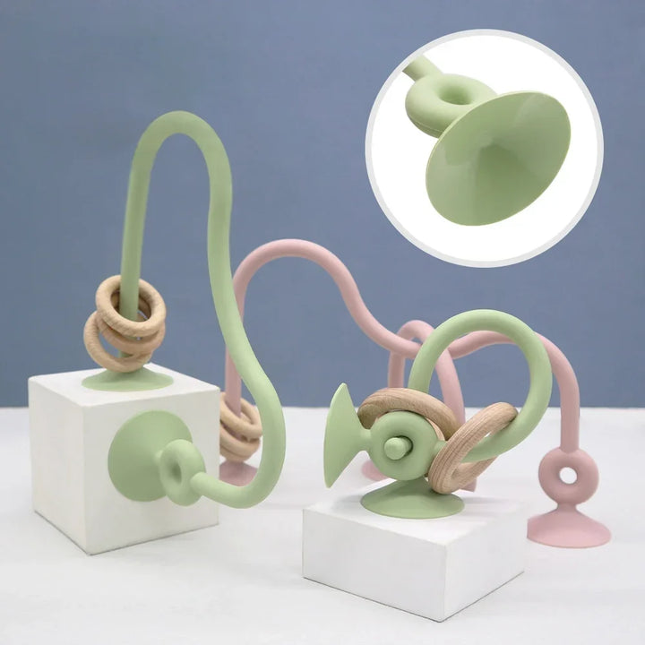 Soft Silicone Teether Toy with Wooden Ring, Safe Teething Ring for Infants, Ideal for Teething Relief and Sensory Exploration