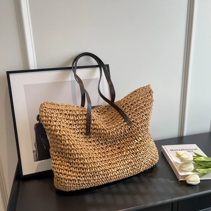 Straw Tote Bag Woven Beach Shoulder Bag Summer 2026 Large Capacity Carryall For Travel And Daily Use