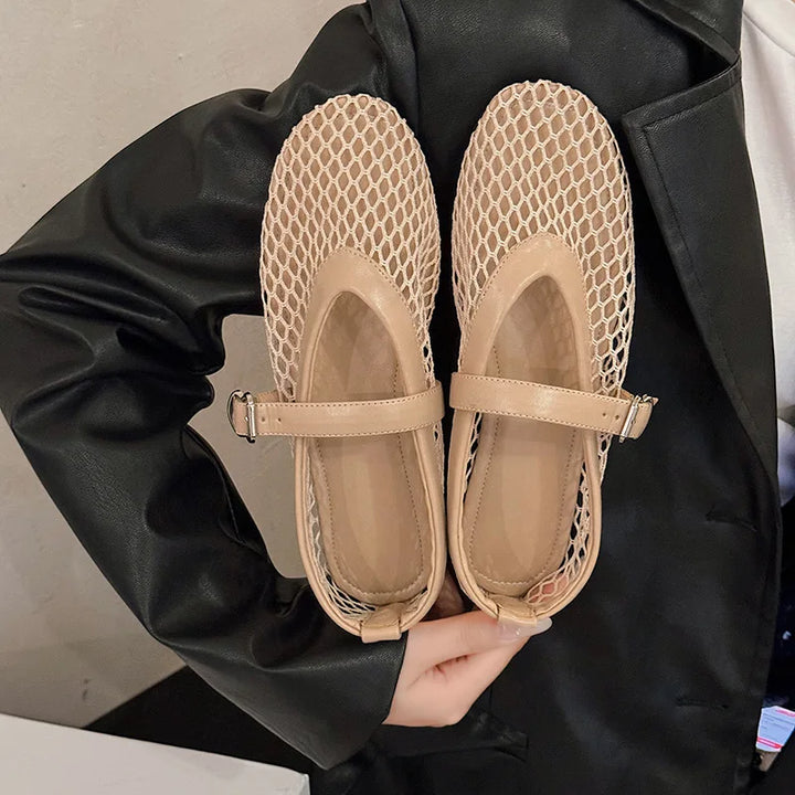 Breathable Women Mesh Ballet Flats - Strappy Round Toe