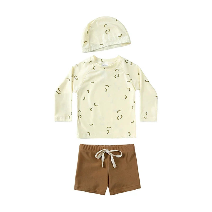 Quick-dry Unisex Baby Swimwear 2-Piece Set – Long-Sleeve Rash Guard Top, Shorts, Polyester, Summer Beachwear