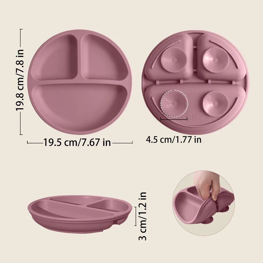 Silicone Baby Dining Plate with Suction Base, BPA Free Toddler Tableware, 8-Inch Divided Feeding Dish