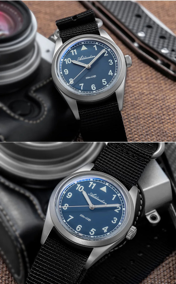 Waterproof Diver Quartz Watch Luminous Hands, Nylon Strap, 100m Water Resistance