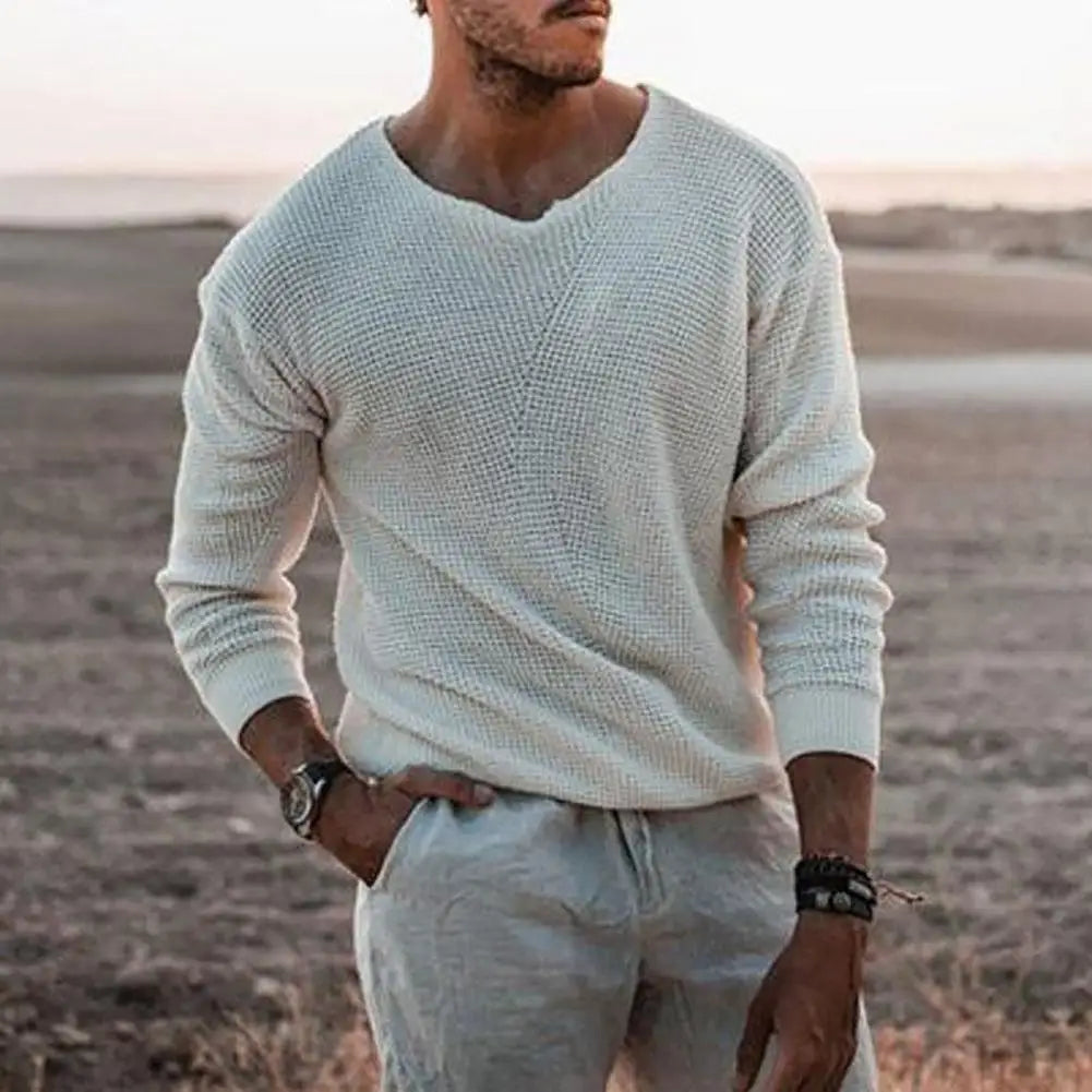 Spring Men Sweater V Neck Long Sleeve Soft Slim Casual Knitted Pullover