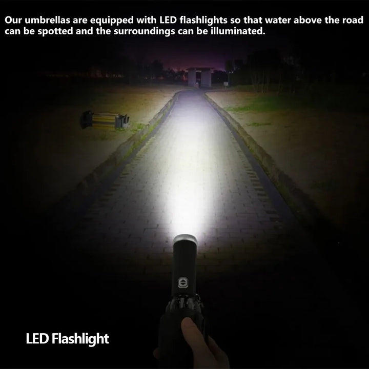 Fully Automatic Folding Waterproof Umbrella with LED Flashlight and UV Sunshade for Rain and Wind Resistance
