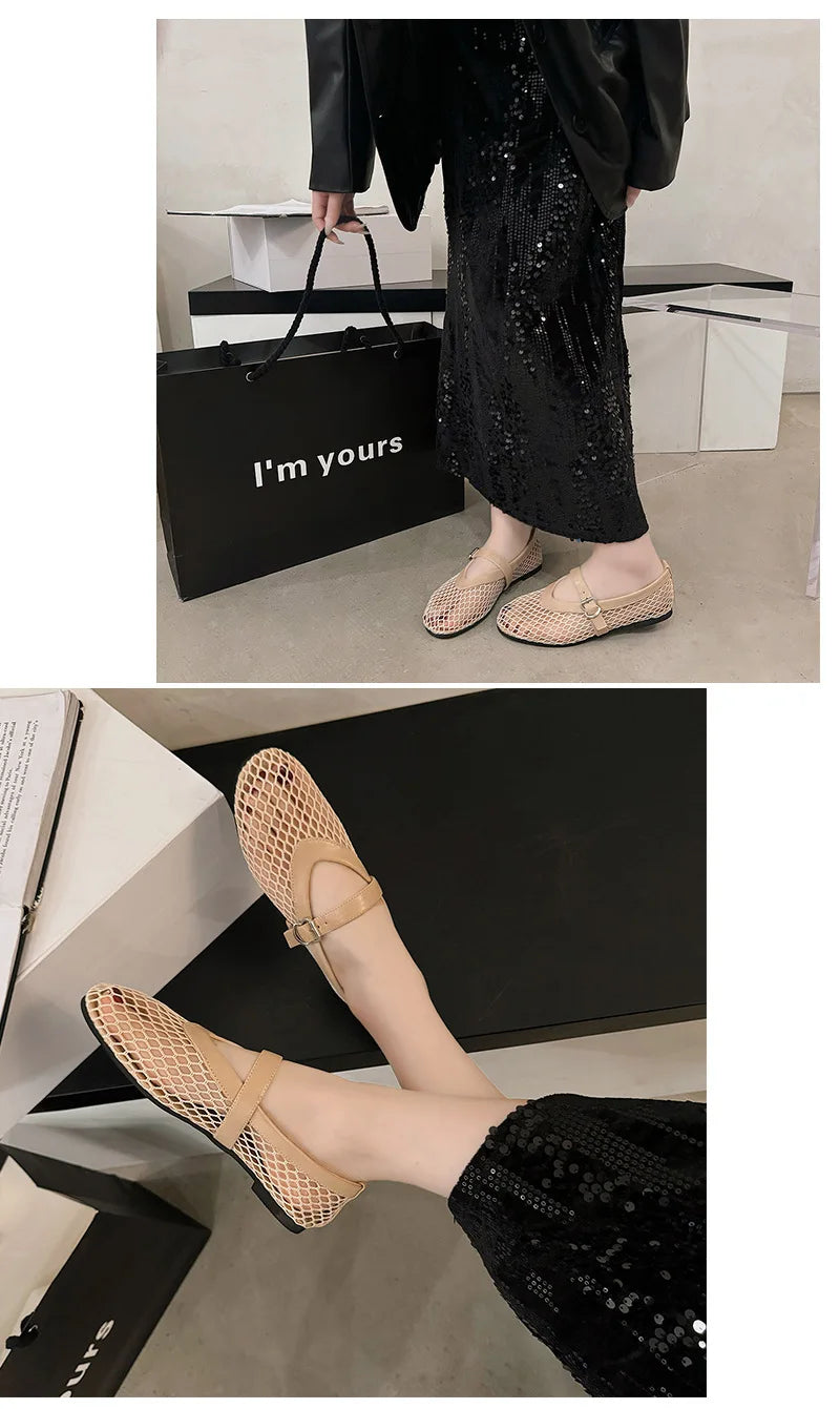 Breathable Women Mesh Ballet Flats - Strappy Round Toe