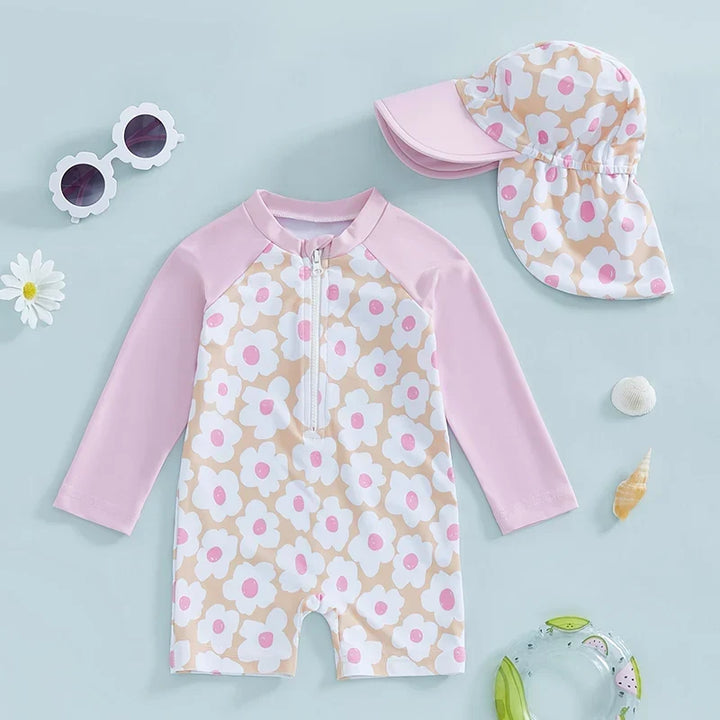 Lightweight Durable Toddler Girl Rash Guard Swimsuit - Long Sleeve Floral Flamingo Print, Polyester Elastane, Beachwear