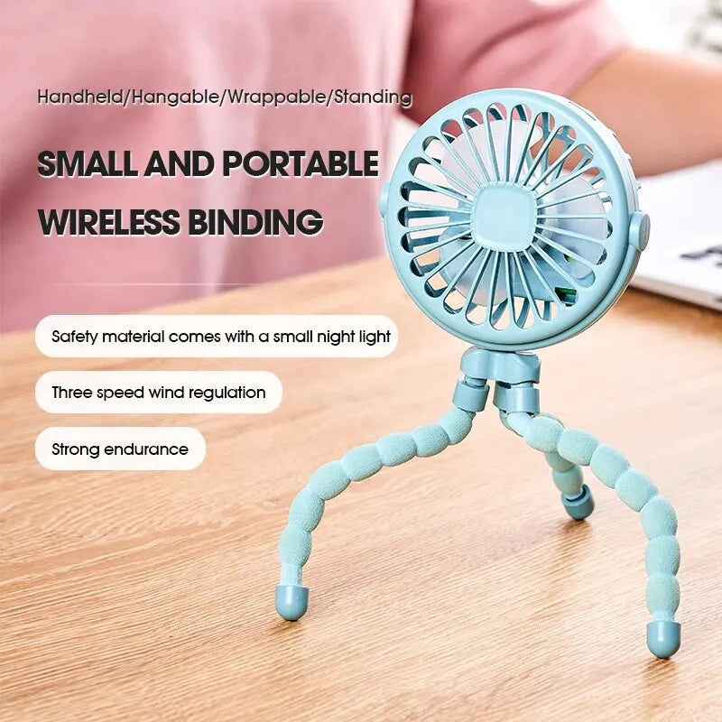 Portable Oscillating Pram Fan Mini Handheld Baby Fan USB Operated Clip-on Flexible Tripod for Car Seat Use