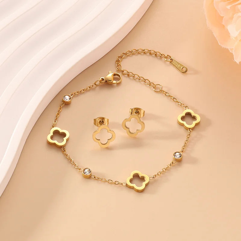 Clover Flower Stainless Steel Bracelet Set Gold Gift