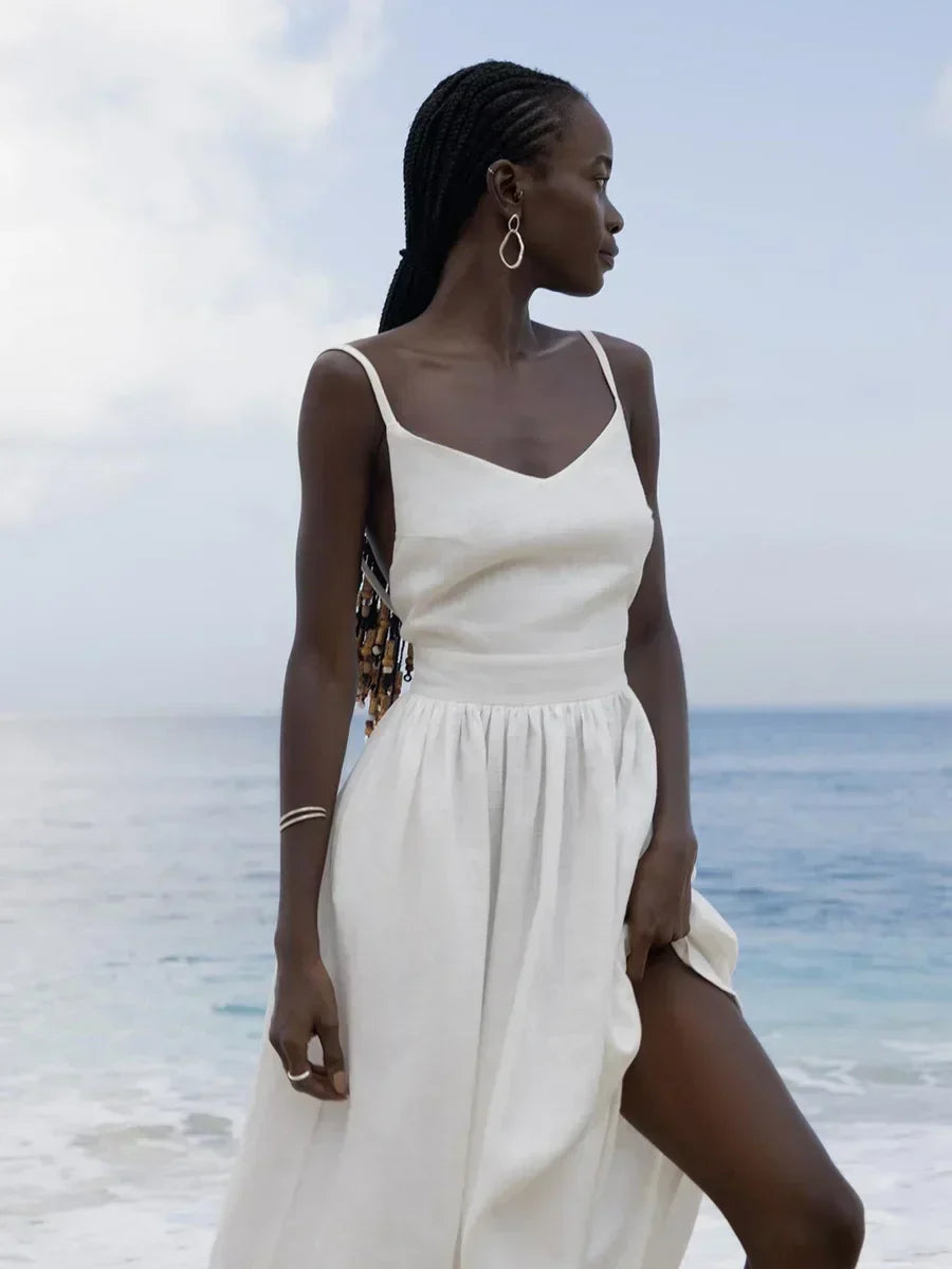 Elegant Summer Rug in Natural Linen and Cotton Blend, A-Line Design, Backless with Adjustable Straps, Ankle Length, Machine Washable