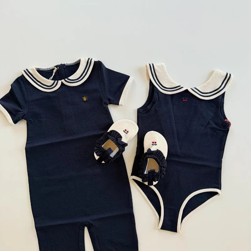 Soft Unisex Baby Swimwear Set - Classic Sailor-Style One-Piece, Top, Skirt, and Romper, Nylon, Summer Beach Days