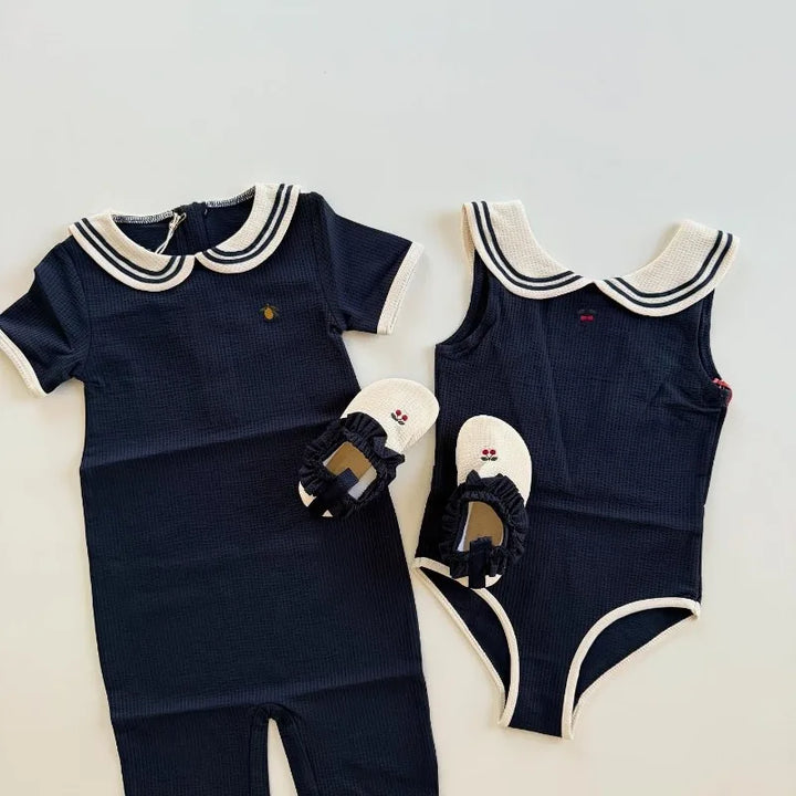 Soft Unisex Baby Swimwear Set - Classic Sailor-Style One-Piece, Top, Skirt, and Romper, Nylon, Summer Beach Days