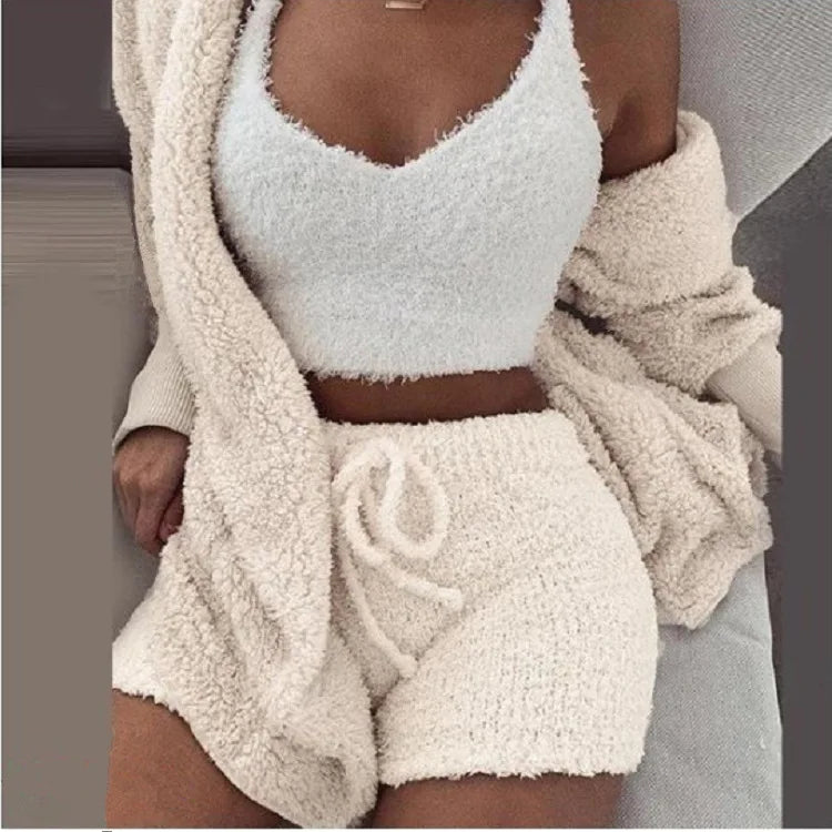 Fluffy Pajamas Set for Women Plus Size Tank Top Shorts Winter Sleepwear