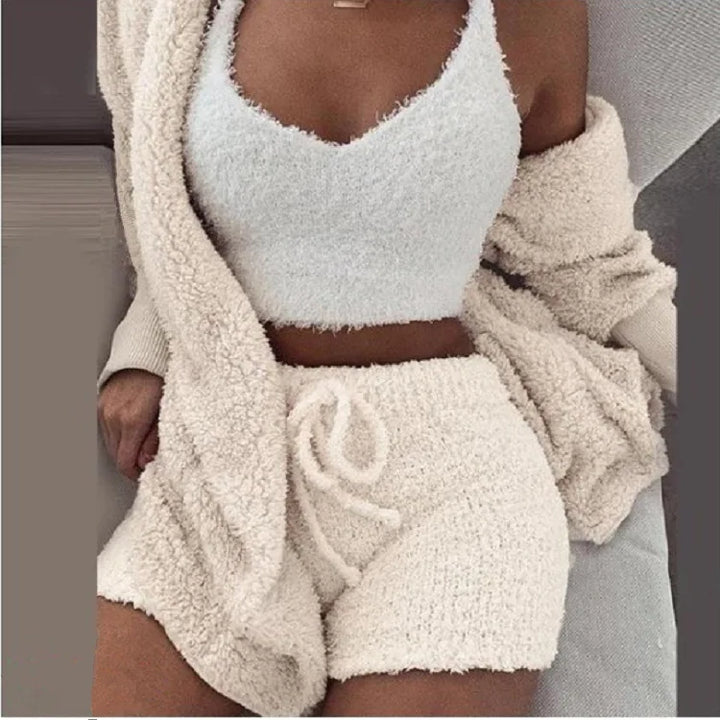 Fluffy Pajamas Set for Women Plus Size Tank Top Shorts Winter Sleepwear