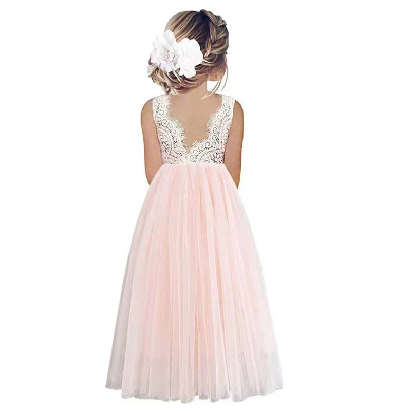 Lightweight Girls’ Flower Girl Dress - Lace Bodice, Flowing Tulle Skirt, Polyester, For Wedding