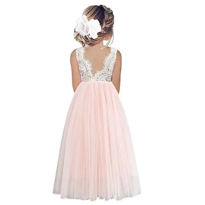 Lightweight Girls’ Flower Girl Dress - Lace Bodice, Flowing Tulle Skirt, Polyester, For Wedding