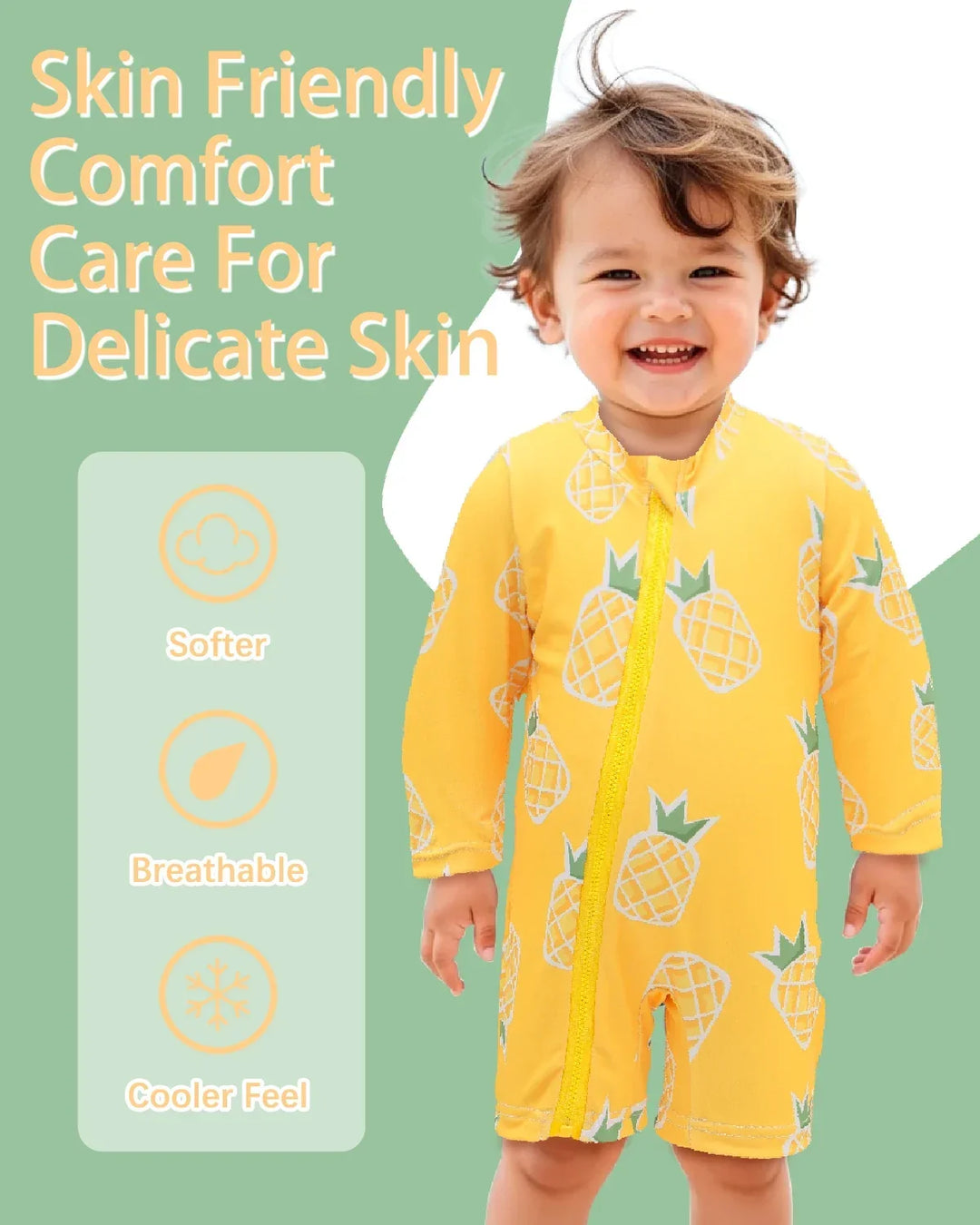 Breathable unisex long-sleeve rash guard - one-piece swimsuit, UPF 50+, pineapple print, for babies and toddlers
