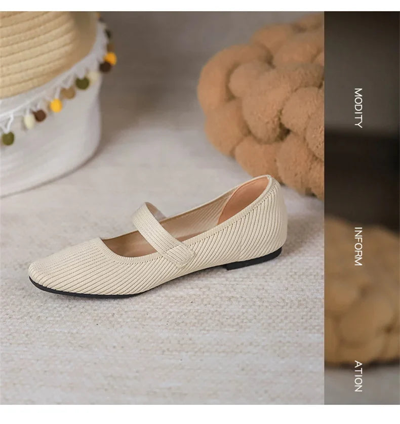 Stretchy Women Mary Jane Flats - Ribbed Knit For Spring